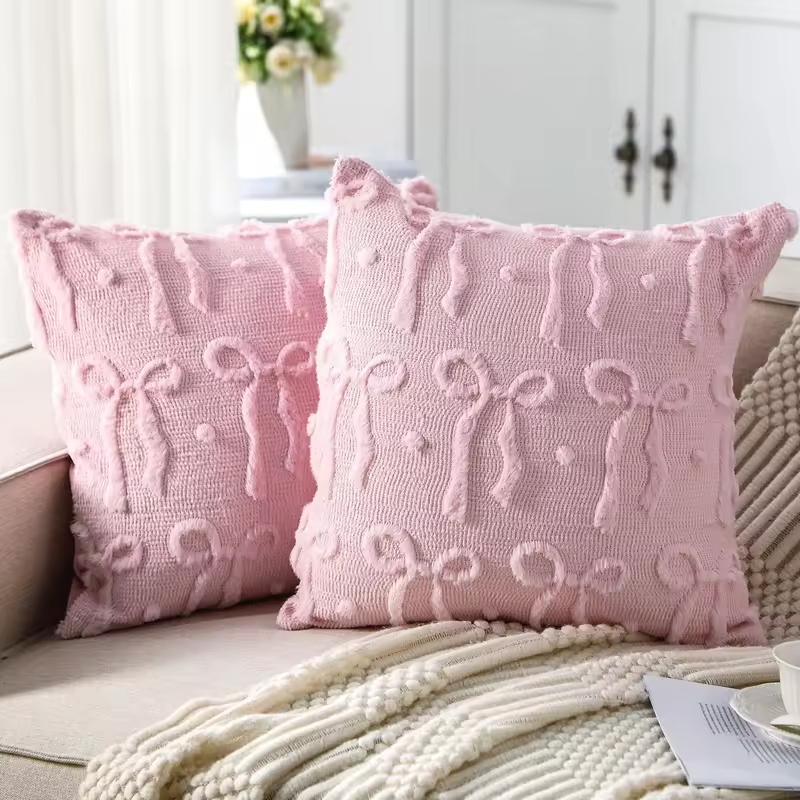 Pink Bow Throw Pillow Covers 18x18 Decorative Pillow Covers Soft Plush Faux Wool Pillowcases Preppy Room Decor for Bed Sofa