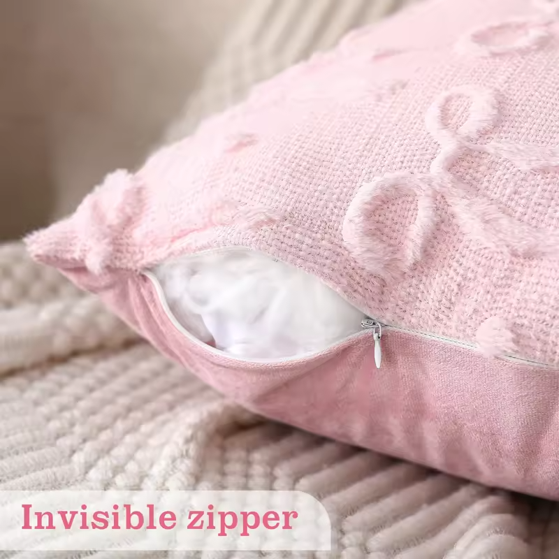 Pink Bow Throw Pillow Covers 18x18 Decorative Pillow Covers Soft Plush Faux Wool Pillowcases Preppy Room Decor for Bed Sofa