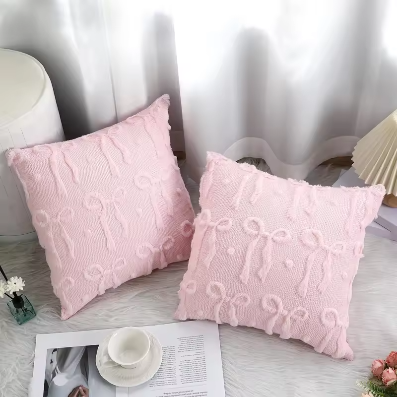 Pink Bow Throw Pillow Covers 18x18 Decorative Pillow Covers Soft Plush Faux Wool Pillowcases Preppy Room Decor for Bed Sofa