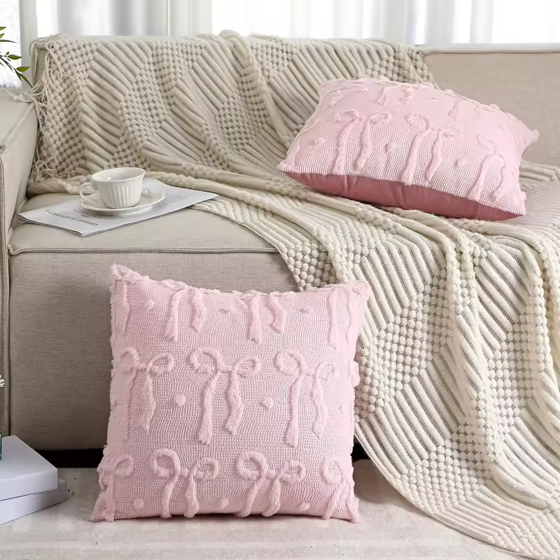 Pink Bow Throw Pillow Covers 18x18 Decorative Pillow Covers Soft Plush Faux Wool Pillowcases Preppy Room Decor for Bed Sofa