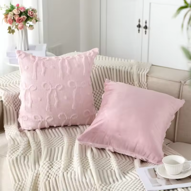 Pink Bow Throw Pillow Covers 18x18 Decorative Pillow Covers Soft Plush Faux Wool Pillowcases Preppy Room Decor for Bed Sofa
