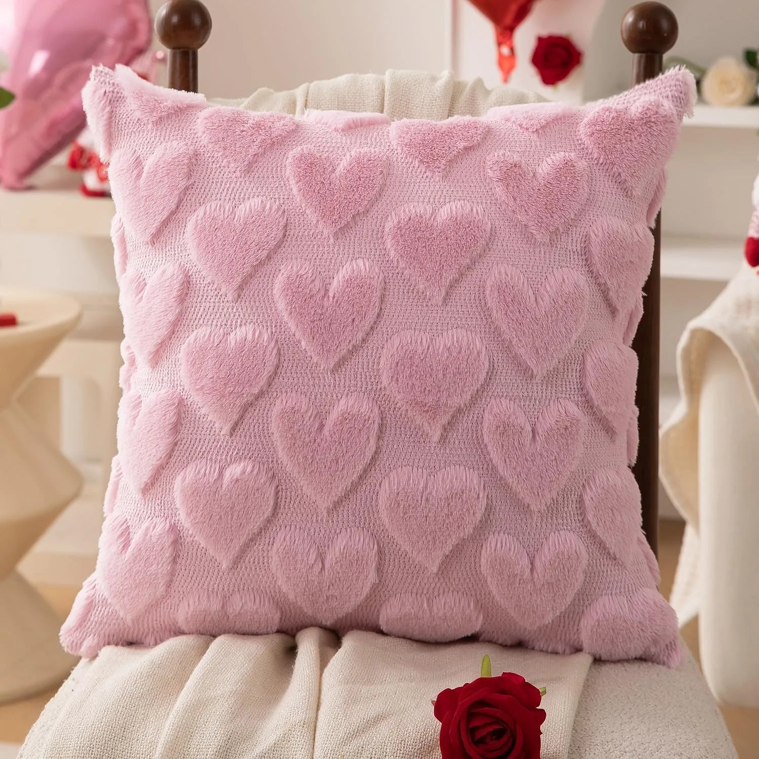 Pink Bow Throw Pillow Covers 18x18 Decorative Pillow Covers Soft Plush Faux Wool Pillowcases Preppy Room Decor for Bed Sofa