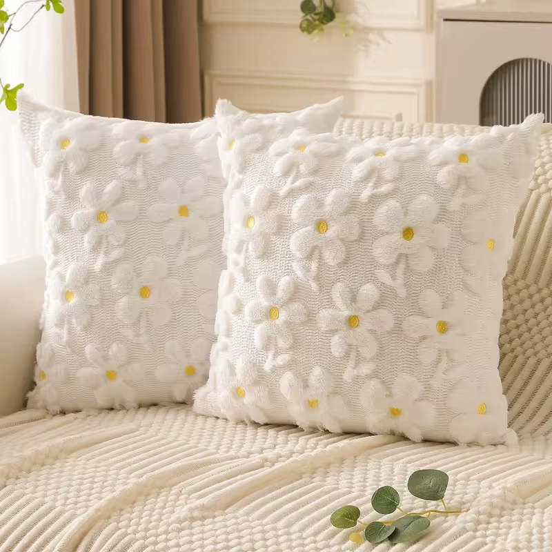 Spring Summer Pillow Cover 18x18 Inch  White Daisy Yellow Flower Heart Soft Plush Faux Fur Jacquard Throw Pillow Covers for Sofa