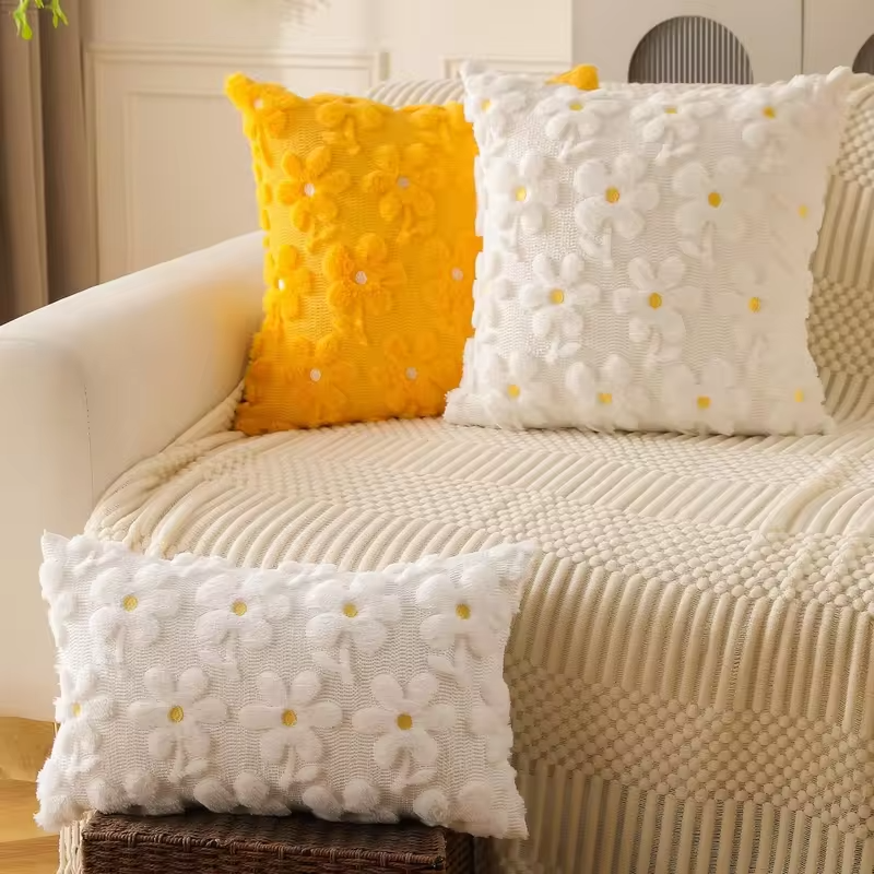 Spring Summer Pillow Cover 18x18 Inch  White Daisy Yellow Flower Heart Soft Plush Faux Fur Jacquard Throw Pillow Covers for Sofa
