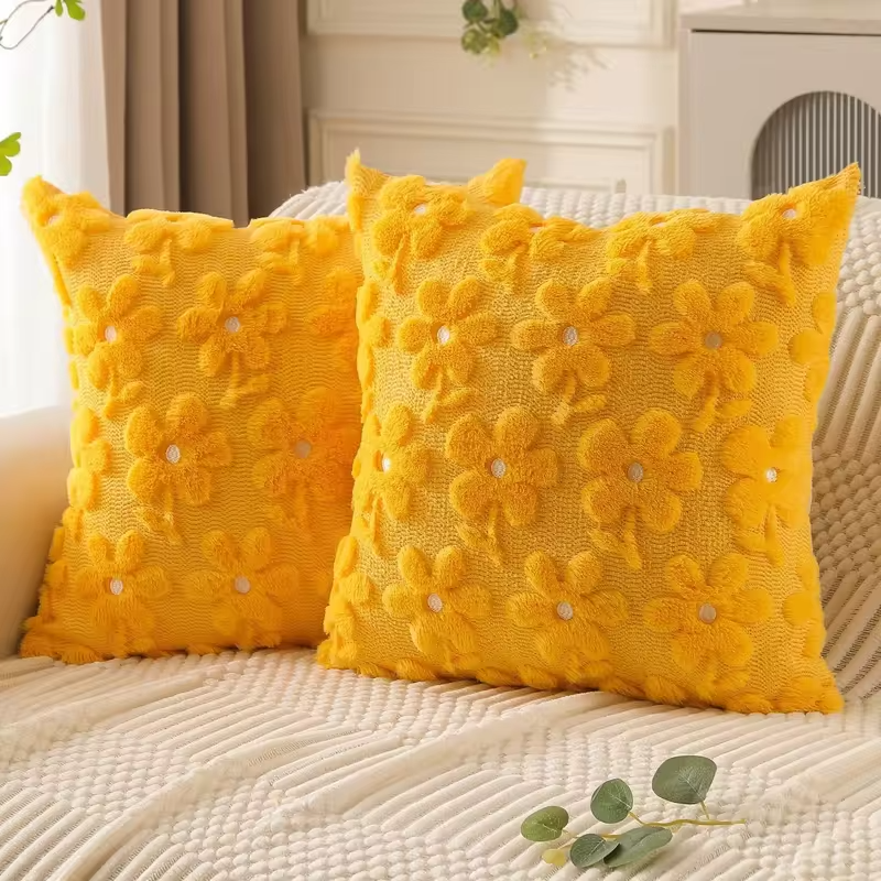 Spring Summer Pillow Cover 18x18 Inch  White Daisy Yellow Flower Heart Soft Plush Faux Fur Jacquard Throw Pillow Covers for Sofa