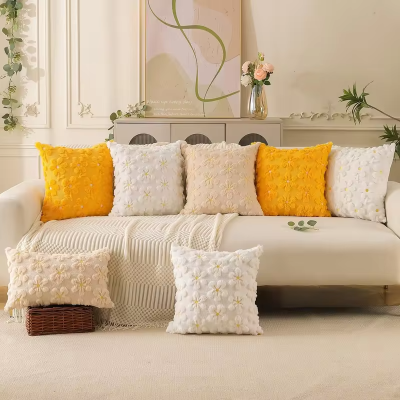 Spring Summer Pillow Cover 18x18 Inch  White Daisy Yellow Flower Heart Soft Plush Faux Fur Jacquard Throw Pillow Covers for Sofa