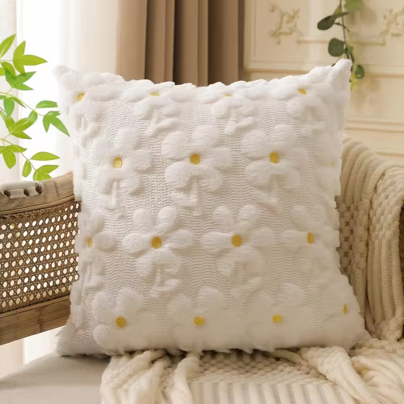 Spring Summer Pillow Cover 18x18 Inch  White Daisy Yellow Flower Heart Soft Plush Faux Fur Jacquard Throw Pillow Covers for Sofa
