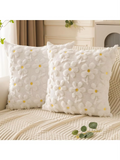 Spring Summer Pillow Cover 18x18 Inch  White Daisy Yellow Flower Heart Soft Plush Faux Fur Jacquard Throw Pillow Covers for Sofa