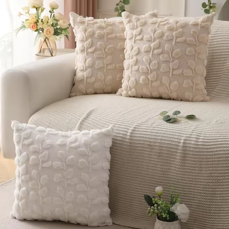 Pillow Covers 18x18 Inch Farmhouse Decor Cream White Eucalyptus Leaves Soft Plush Faux Fur Jacquard Spring Summer Throw Pillows