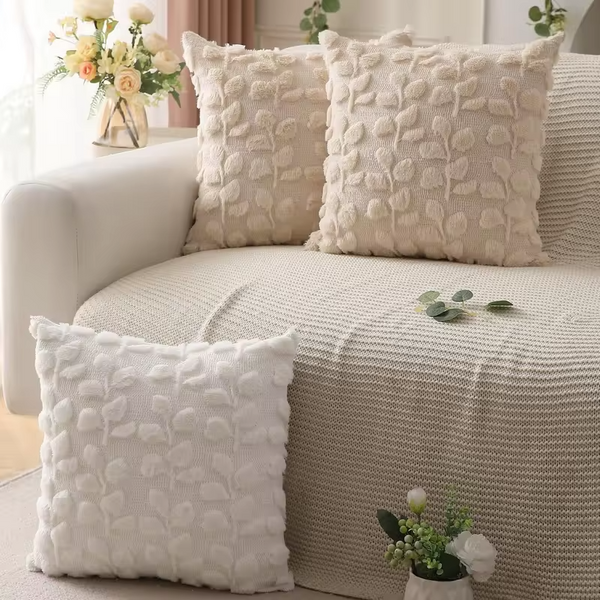 Pillow Covers 18x18 Inch Farmhouse Decor Cream White Eucalyptus Leaves Soft Plush Faux Fur Jacquard Spring Summer Throw Pillows