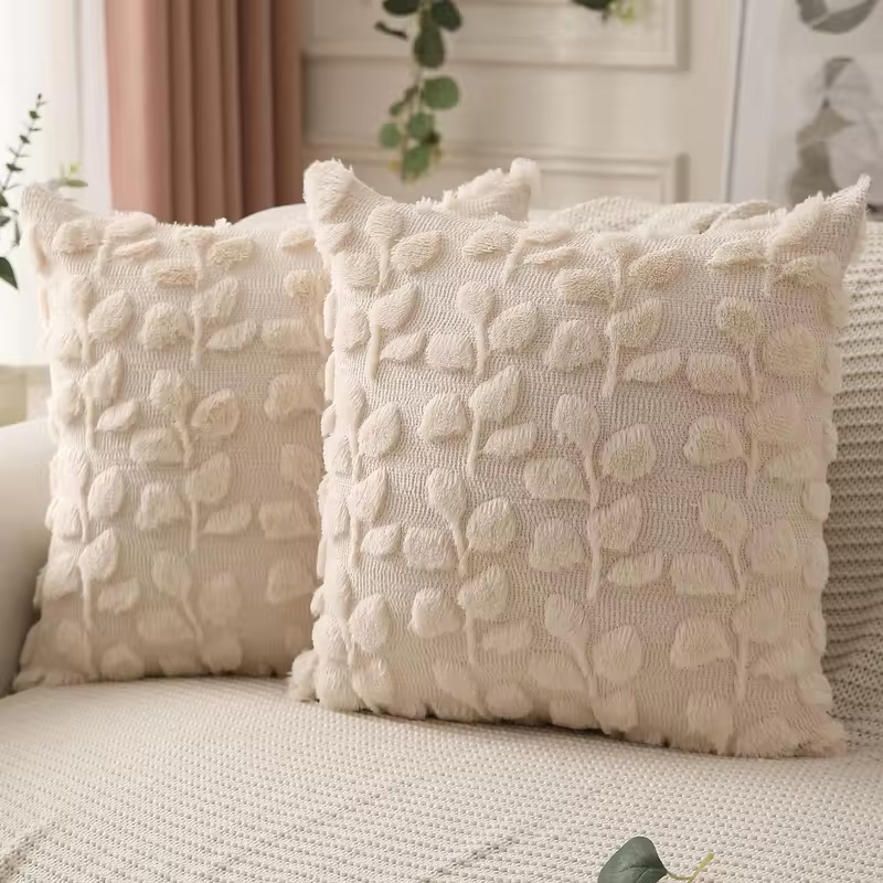 Pillow Covers 18x18 Inch Farmhouse Decor Cream White Eucalyptus Leaves Soft Plush Faux Fur Jacquard Spring Summer Throw Pillows