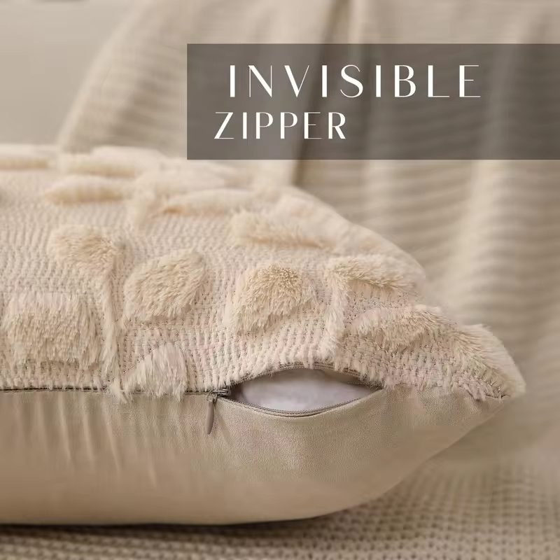 Pillow Covers 18x18 Inch Farmhouse Decor Cream White Eucalyptus Leaves Soft Plush Faux Fur Jacquard Spring Summer Throw Pillows