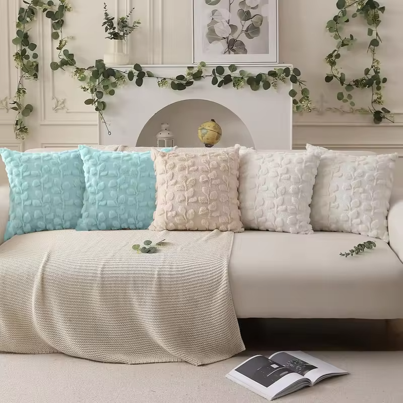 Pillow Covers 18x18 Inch Farmhouse Decor Cream White Eucalyptus Leaves Soft Plush Faux Fur Jacquard Spring Summer Throw Pillows