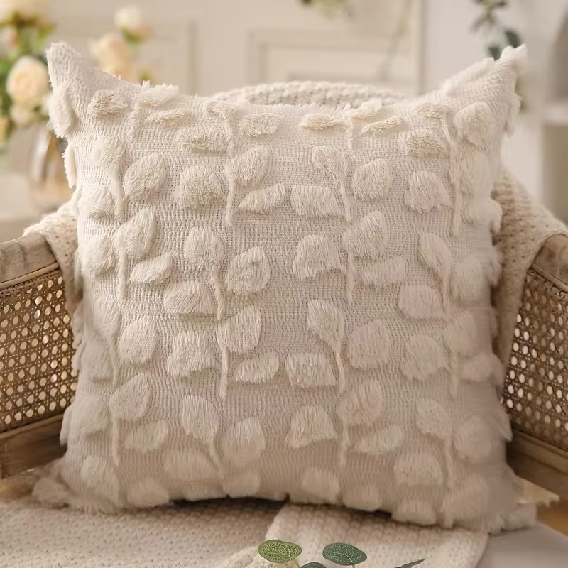 Pillow Covers 18x18 Inch Farmhouse Decor Cream White Eucalyptus Leaves Soft Plush Faux Fur Jacquard Spring Summer Throw Pillows