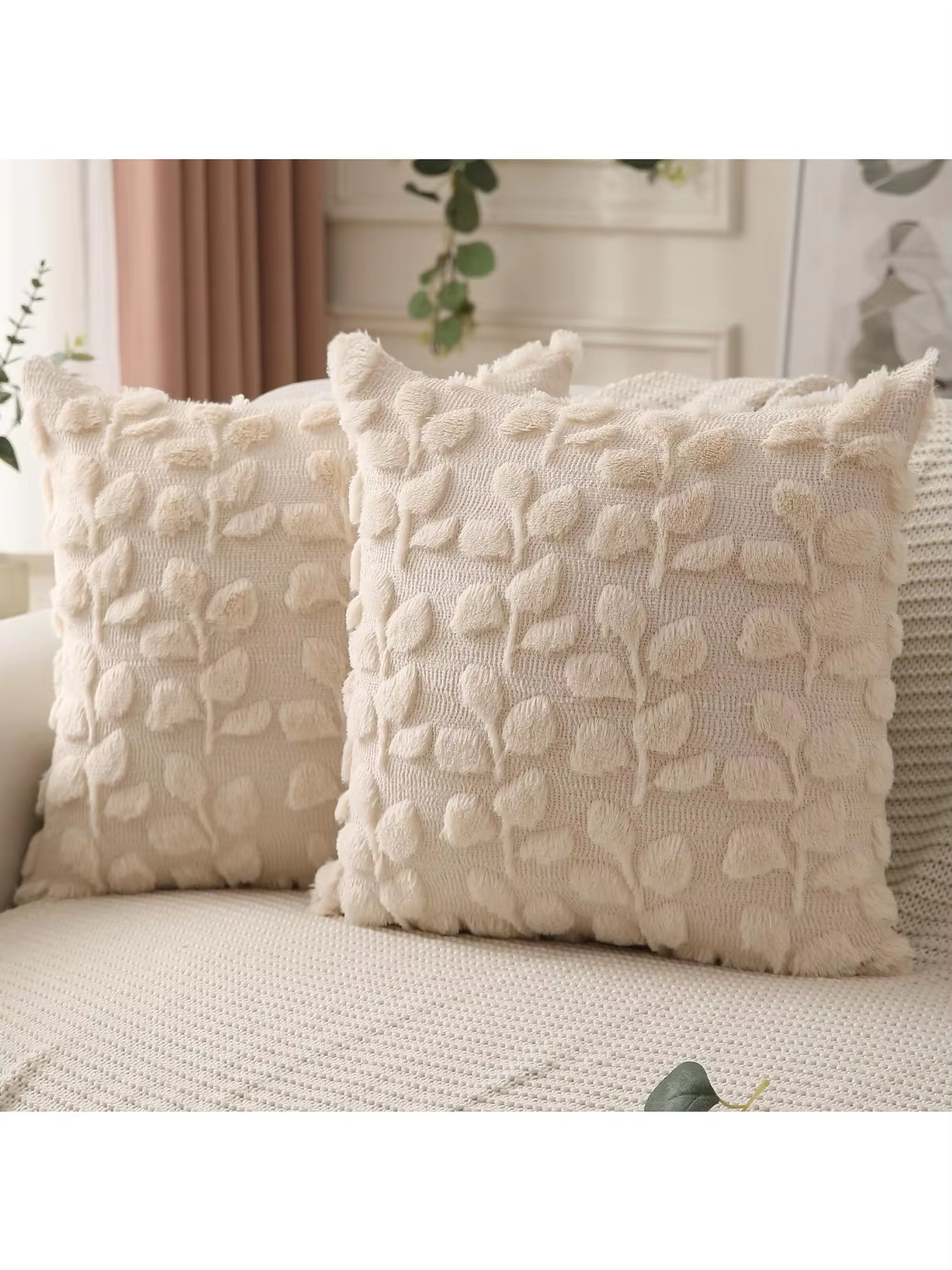 Pillow Covers 18x18 Inch Farmhouse Decor Cream White Eucalyptus Leaves Soft Plush Faux Fur Jacquard Spring Summer Throw Pillows
