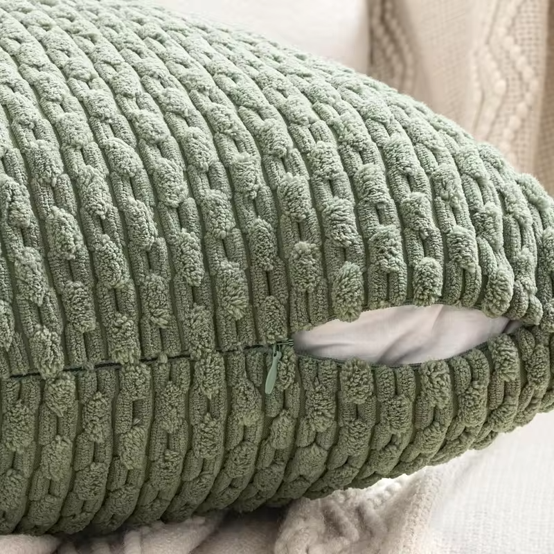 Spring Decorative Throw Pillow Covers Farmhouse Boho Home Decor Striped Corduroy Square Pillowcases 20 X 20 Inch Green