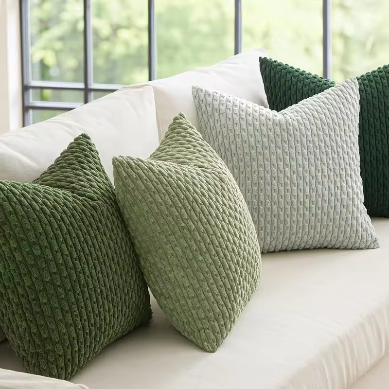 Spring Decorative Throw Pillow Covers Farmhouse Boho Home Decor Striped Corduroy Square Pillowcases 20 X 20 Inch Green