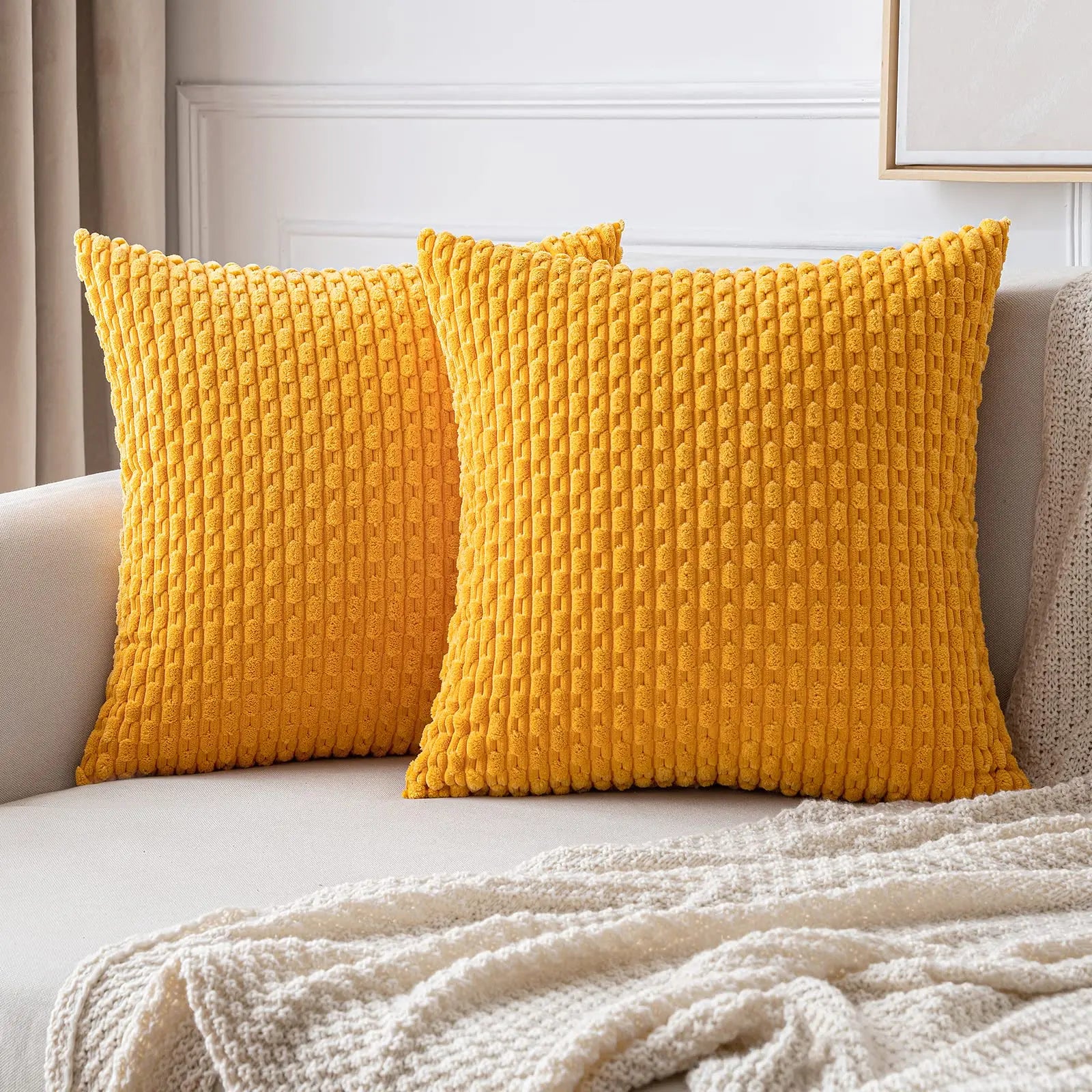 Spring Decorative Throw Pillow Covers Farmhouse Boho Home Decor Striped Corduroy Square Pillowcases 20 X 20 Inch Green