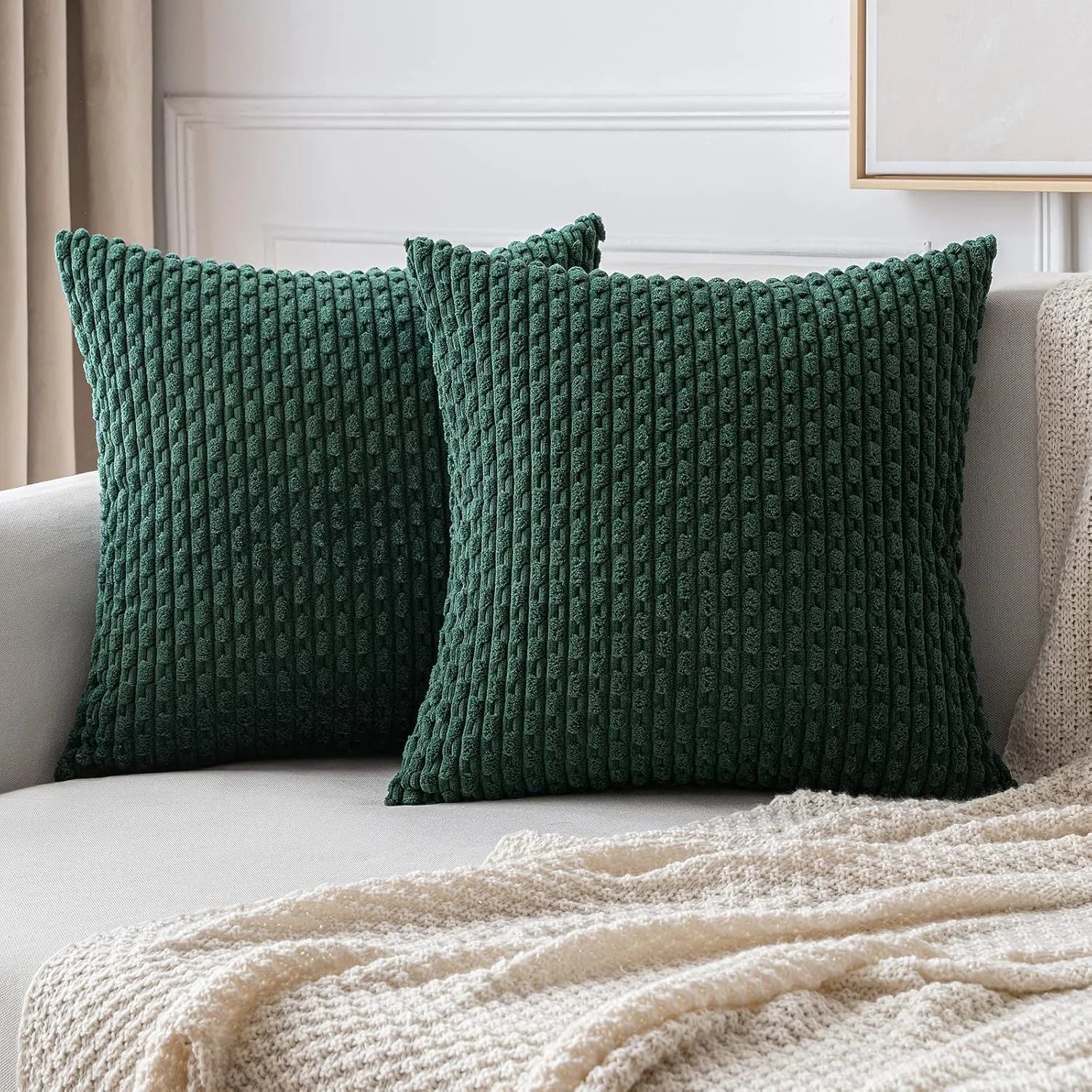 Spring Decorative Throw Pillow Covers Farmhouse Boho Home Decor Striped Corduroy Square Pillowcases 20 X 20 Inch Green