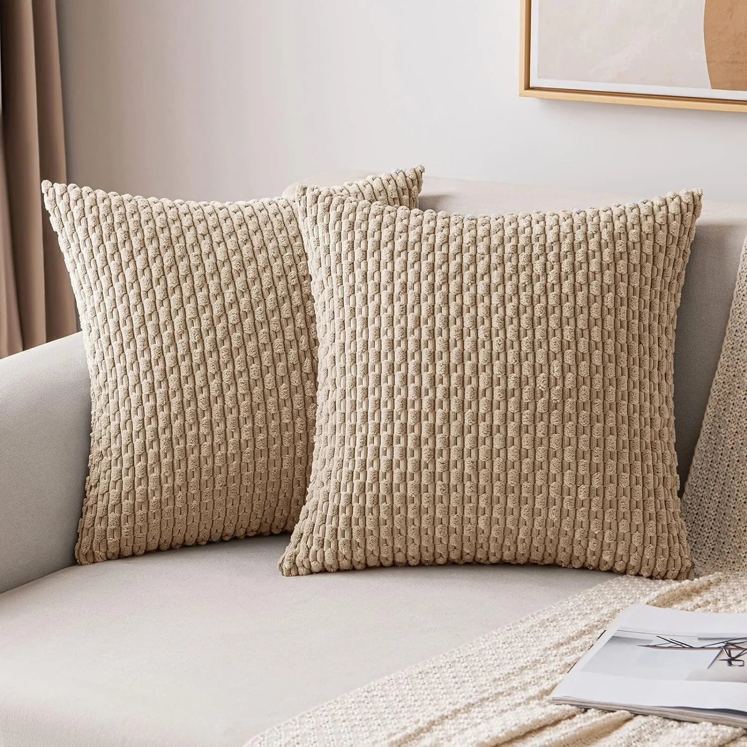 Spring Decorative Throw Pillow Covers Farmhouse Boho Home Decor Striped Corduroy Square Pillowcases 20 X 20 Inch Green