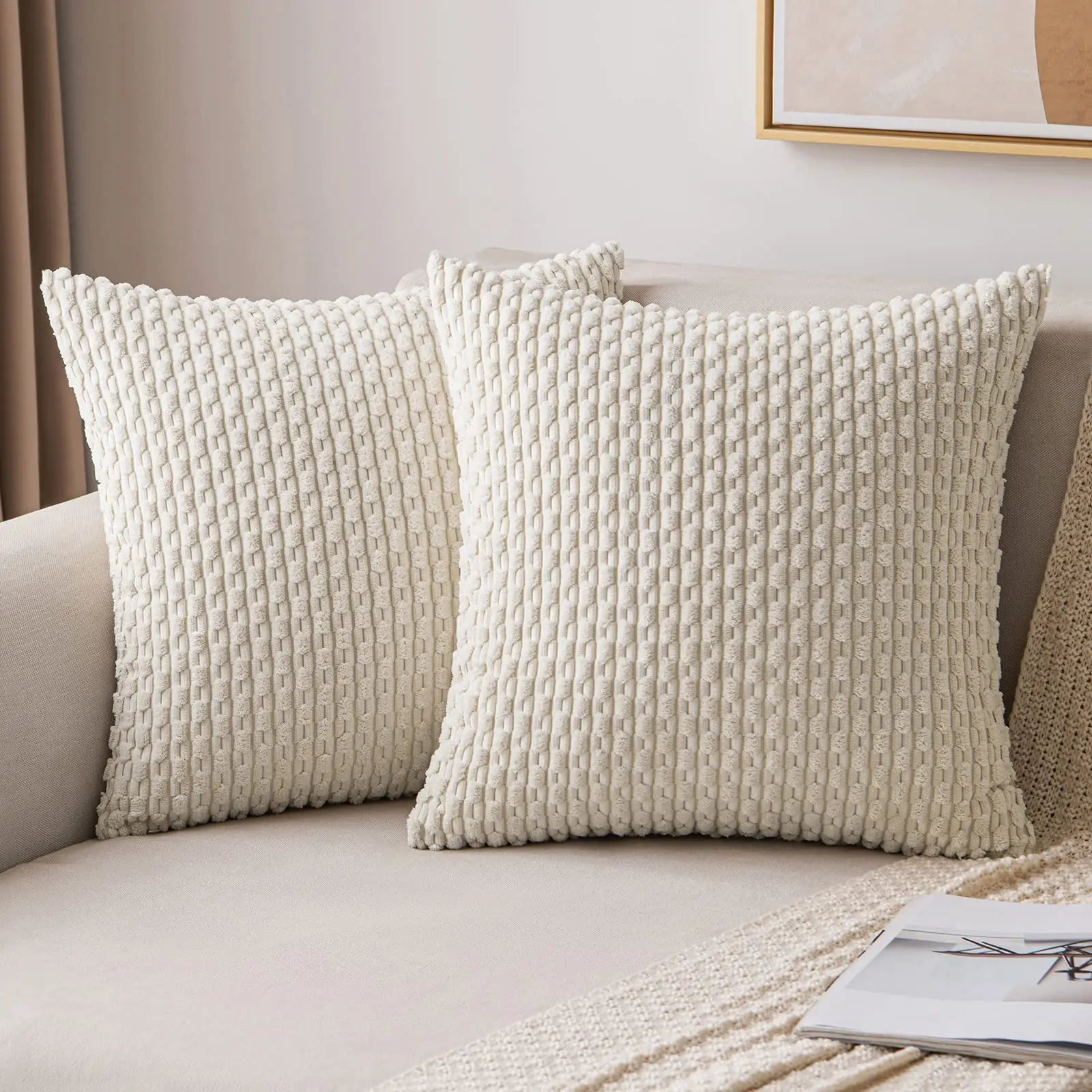 Spring Decorative Throw Pillow Covers Farmhouse Boho Home Decor Striped Corduroy Square Pillowcases 20 X 20 Inch Green