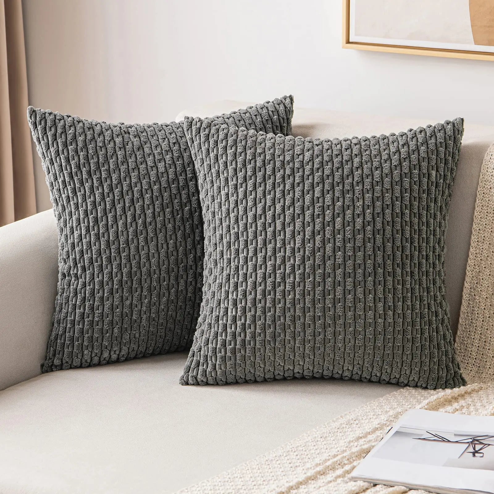 Spring Decorative Throw Pillow Covers Farmhouse Boho Home Decor Striped Corduroy Square Pillowcases 20 X 20 Inch Green