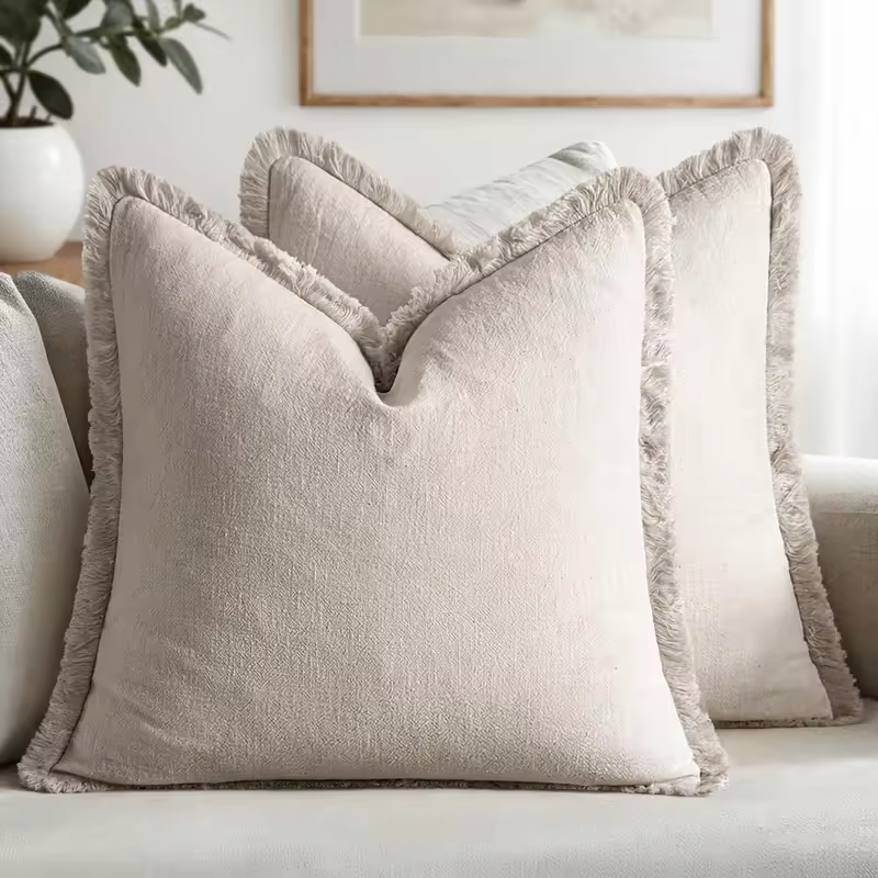 Decorative Linen Fringe Throw Pillow Cover Boho Farmhouse Cushion Cover with Tassels Soft Accent Pillowcase for Living Room Home