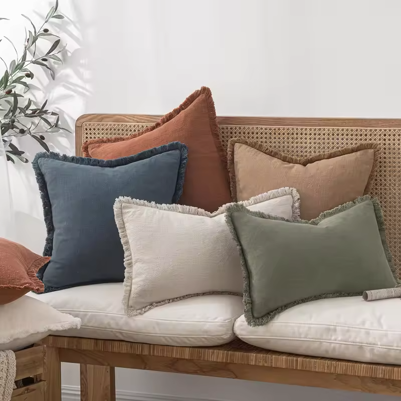 Decorative Linen Fringe Throw Pillow Cover Boho Farmhouse Cushion Cover with Tassels Soft Accent Pillowcase for Living Room Home