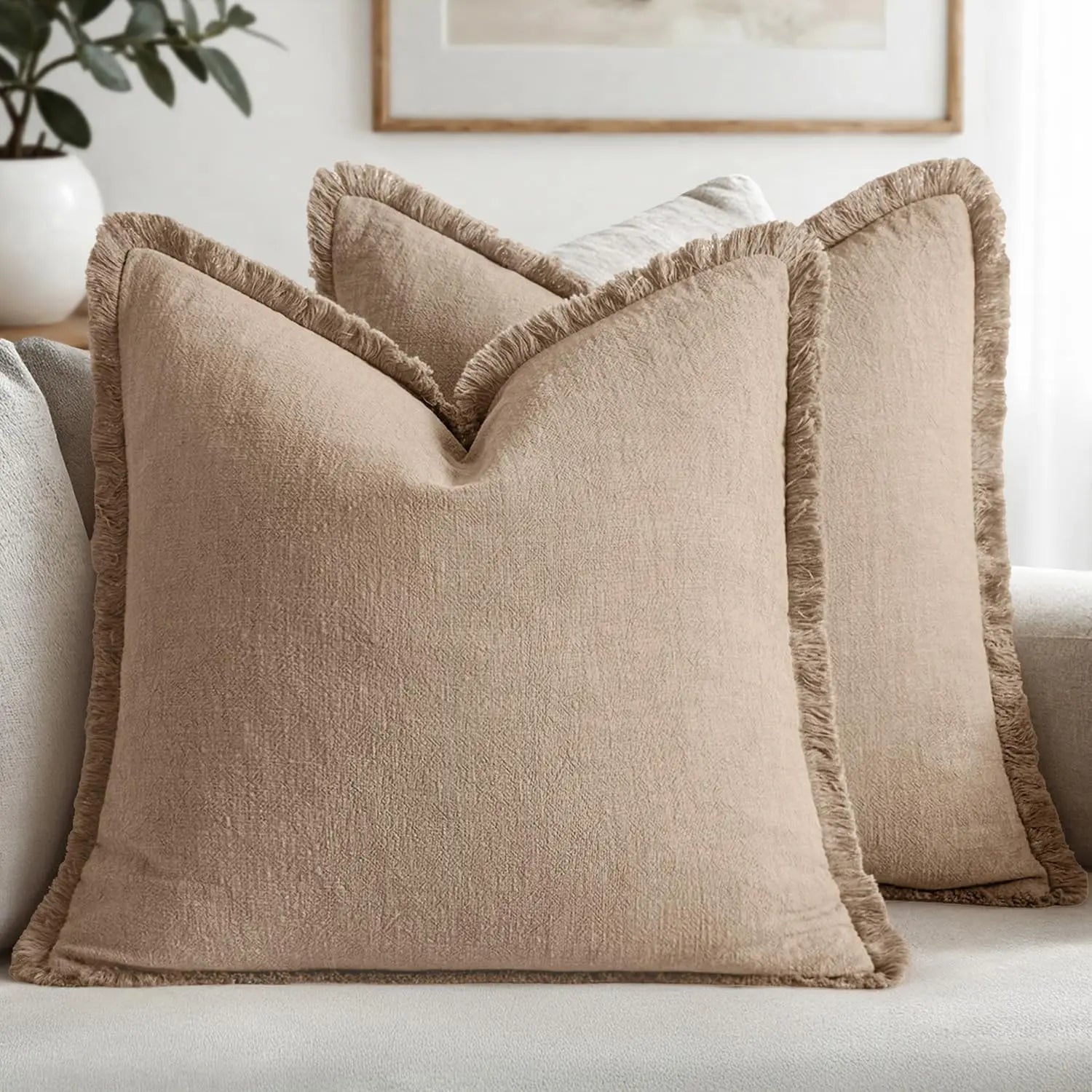 Decorative Linen Fringe Throw Pillow Cover Boho Farmhouse Cushion Cover with Tassels Soft Accent Pillowcase for Living Room Home