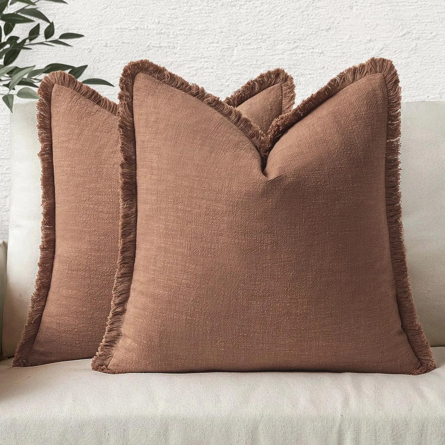 Decorative Linen Fringe Throw Pillow Cover Boho Farmhouse Cushion Cover with Tassels Soft Accent Pillowcase for Living Room Home