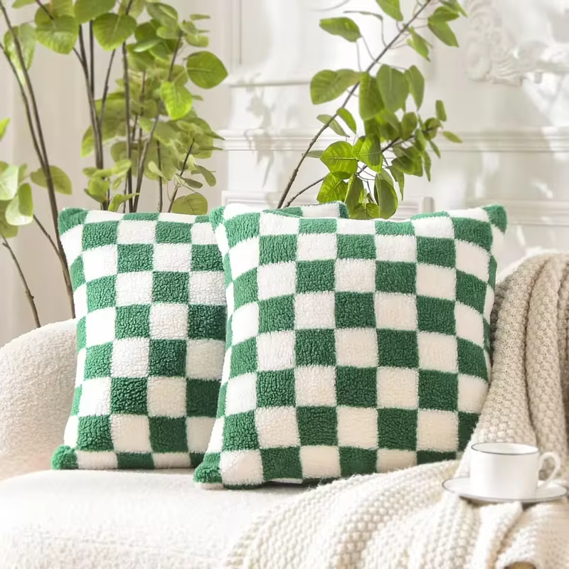 Luxury Checkerboard Faux Fur Pillow Case Green Chessboard Pattern Decor Throw Pillow Cover for Couch Sofa Bedroom Home Decor