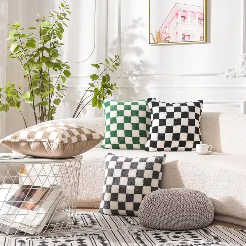 Luxury Checkerboard Faux Fur Pillow Case Green Chessboard Pattern Decor Throw Pillow Cover for Couch Sofa Bedroom Home Decor