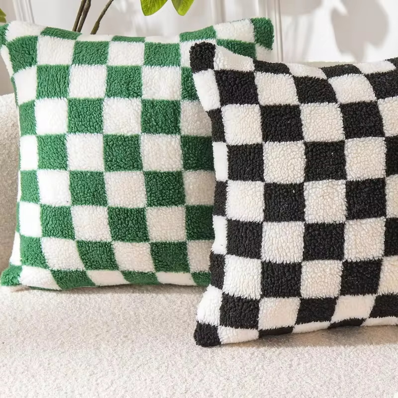 Luxury Checkerboard Faux Fur Pillow Case Green Chessboard Pattern Decor Throw Pillow Cover for Couch Sofa Bedroom Home Decor