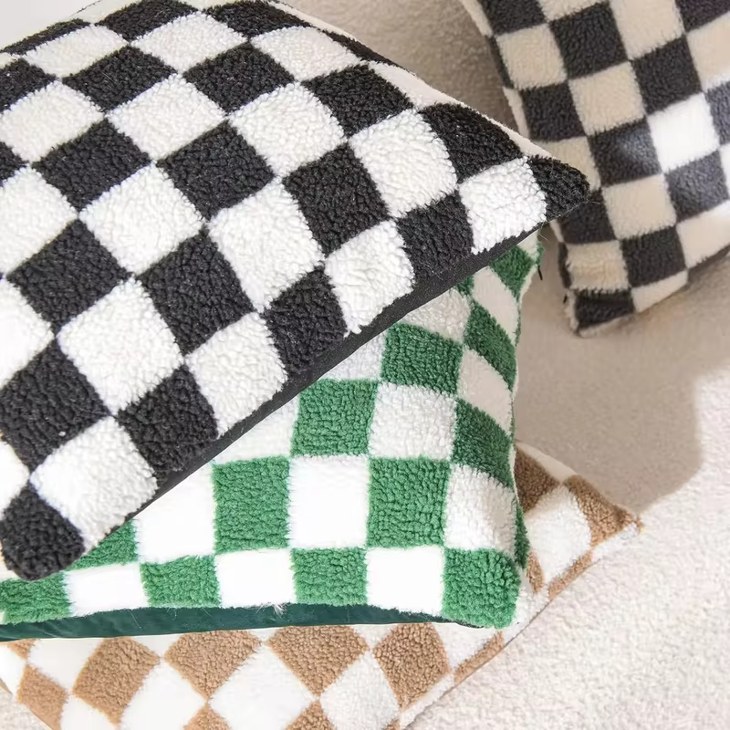 Luxury Checkerboard Faux Fur Pillow Case Green Chessboard Pattern Decor Throw Pillow Cover for Couch Sofa Bedroom Home Decor