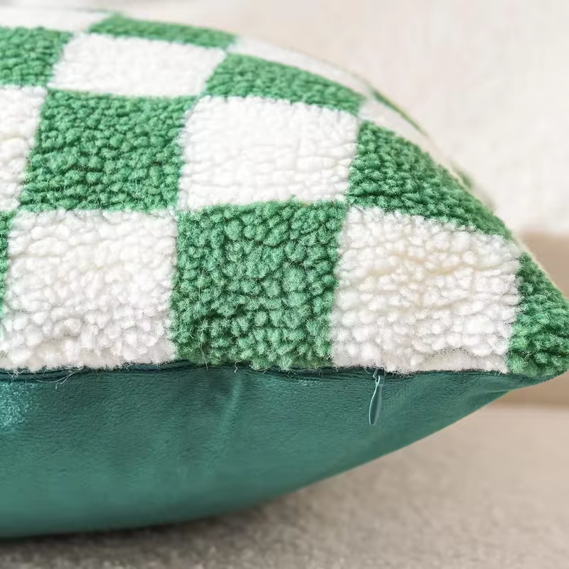 Luxury Checkerboard Faux Fur Pillow Case Green Chessboard Pattern Decor Throw Pillow Cover for Couch Sofa Bedroom Home Decor