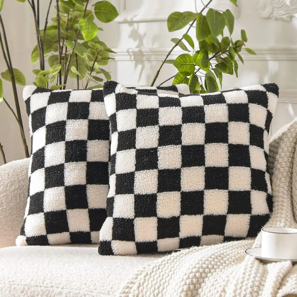 Luxury Checkerboard Faux Fur Pillow Case Green Chessboard Pattern Decor Throw Pillow Cover for Couch Sofa Bedroom Home Decor