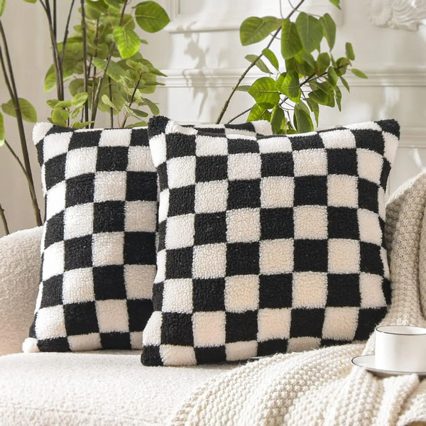Luxury Checkerboard Faux Fur Pillow Case Green Chessboard Pattern Decor Throw Pillow Cover for Couch Sofa Bedroom Home Decor