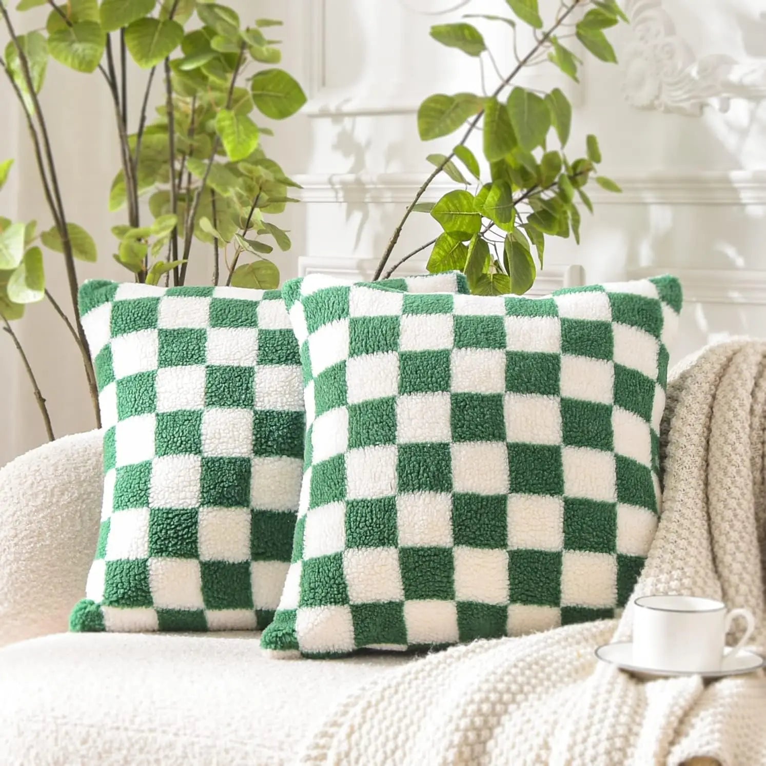 Luxury Checkerboard Faux Fur Pillow Case Green Chessboard Pattern Decor Throw Pillow Cover for Couch Sofa Bedroom Home Decor