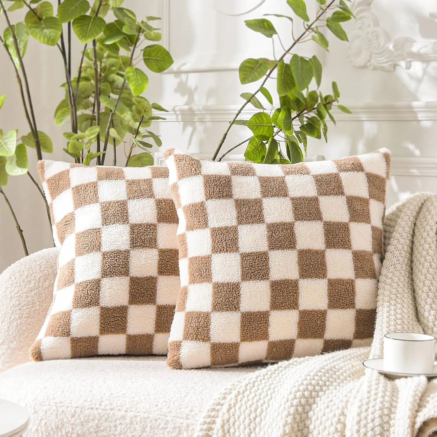 Luxury Checkerboard Faux Fur Pillow Case Green Chessboard Pattern Decor Throw Pillow Cover for Couch Sofa Bedroom Home Decor