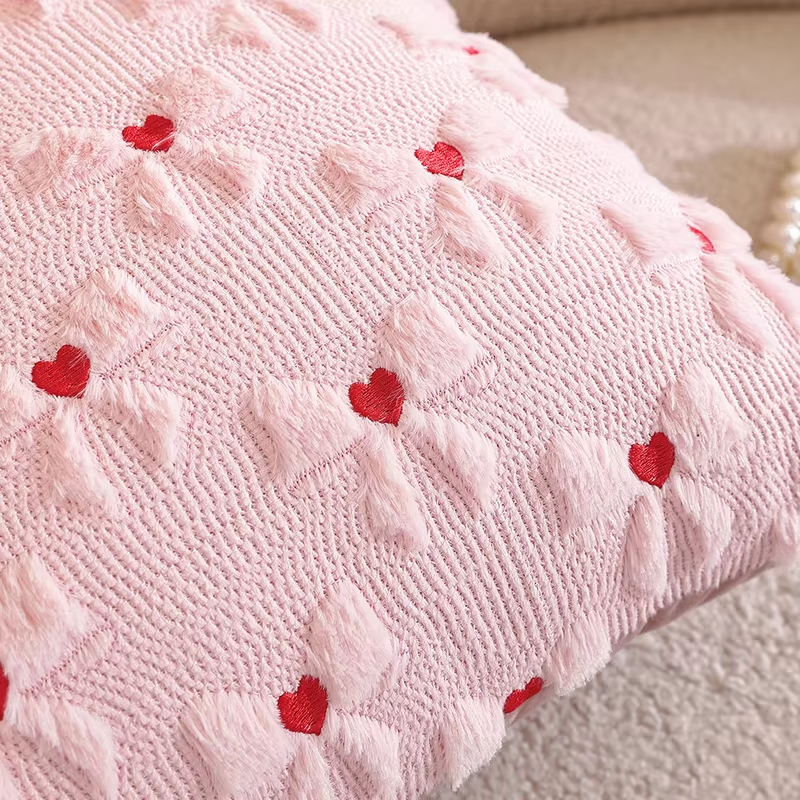 Bow Heart Decorative Throw Pillow Covers 45x45CM Faux Fur Jacquard Cushion Cover Valentines Day Pillowcases for Sofa Couch Home