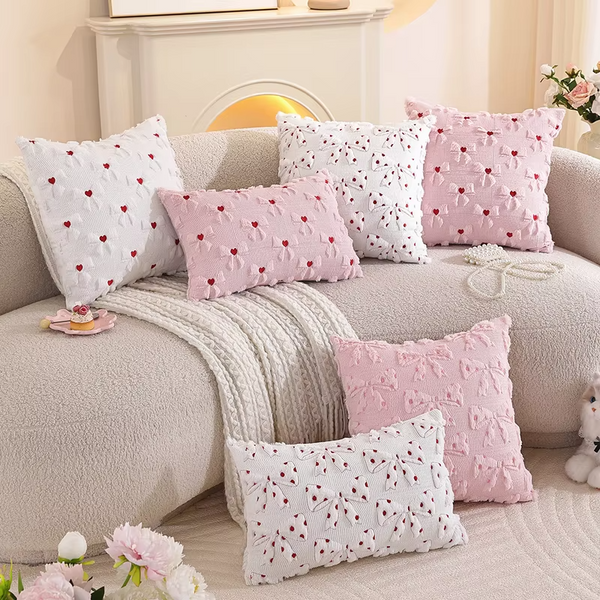 Bow Heart Decorative Throw Pillow Covers 45x45CM Faux Fur Jacquard Cushion Cover Valentines Day Pillowcases for Sofa Couch Home