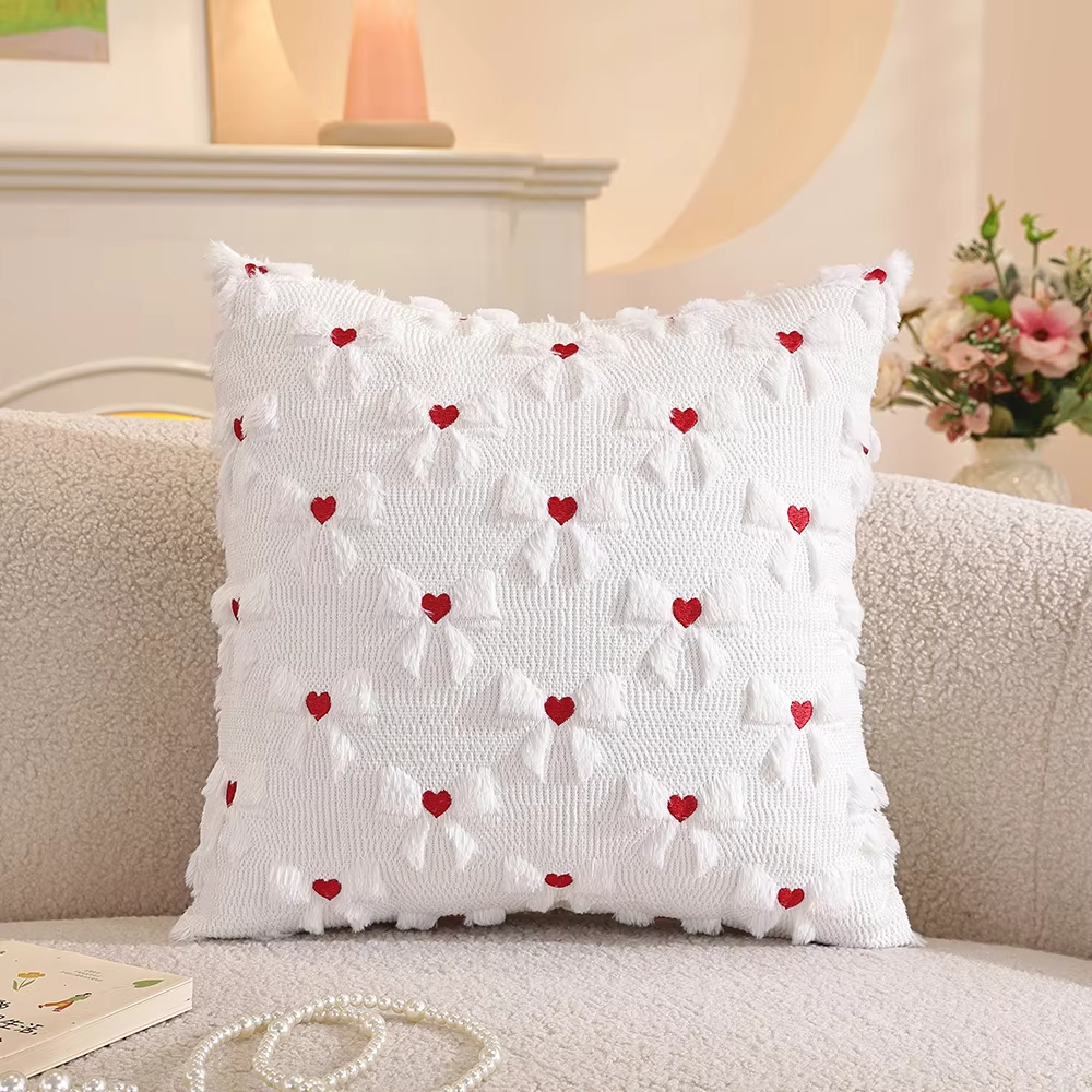 Bow Heart Decorative Throw Pillow Covers 45x45CM Faux Fur Jacquard Cushion Cover Valentines Day Pillowcases for Sofa Couch Home
