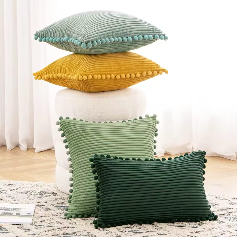 1pc Boho Decorative Pillow Covers with Pom-poms 18x18Inch Pillow Covers Corduroy Cushion Case Cute and Soft Square Throw Pillow