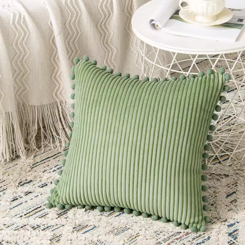1pc Boho Decorative Pillow Covers with Pom-poms 18x18Inch Pillow Covers Corduroy Cushion Case Cute and Soft Square Throw Pillow