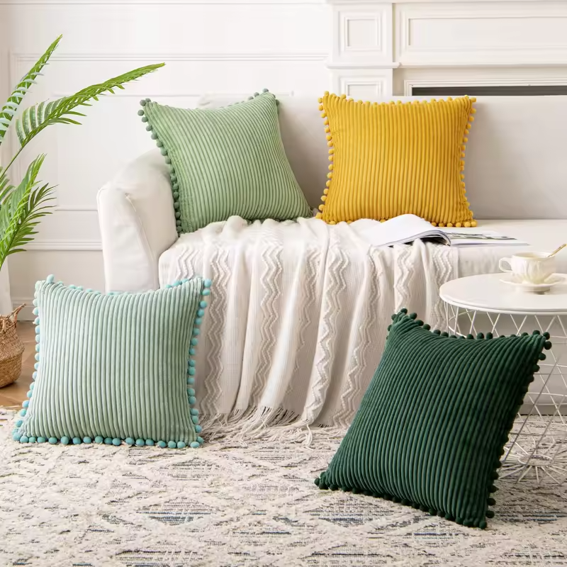 1pc Boho Decorative Pillow Covers with Pom-poms 18x18Inch Pillow Covers Corduroy Cushion Case Cute and Soft Square Throw Pillow
