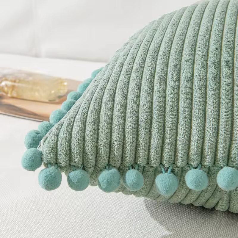 1pc Boho Decorative Pillow Covers with Pom-poms 18x18Inch Pillow Covers Corduroy Cushion Case Cute and Soft Square Throw Pillow