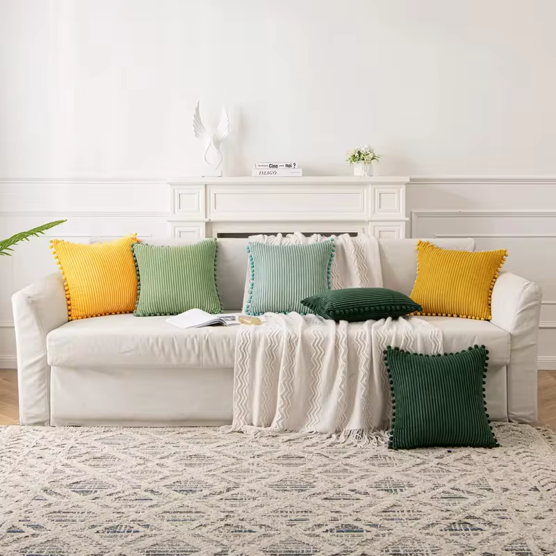 1pc Boho Decorative Pillow Covers with Pom-poms 18x18Inch Pillow Covers Corduroy Cushion Case Cute and Soft Square Throw Pillow
