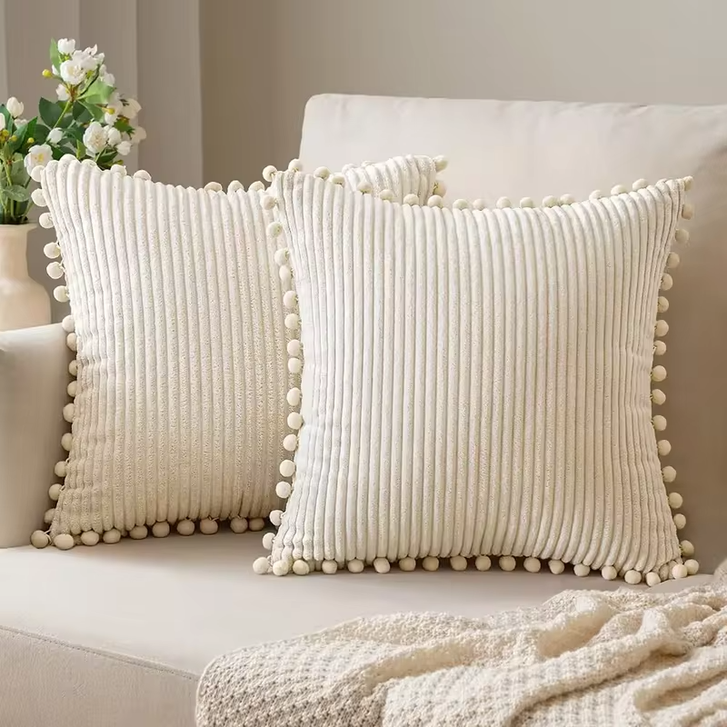 1pc Boho Decorative Pillow Covers with Pom-poms 18x18Inch Pillow Covers Corduroy Cushion Case Cute and Soft Square Throw Pillow