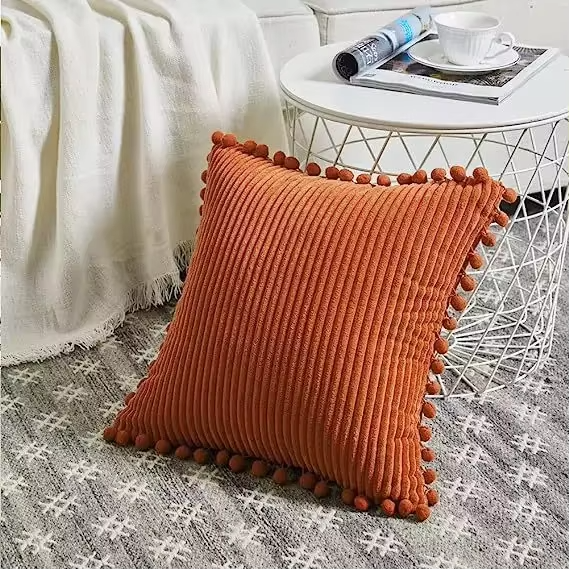 1pc Boho Decorative Pillow Covers with Pom-poms 18x18Inch Pillow Covers Corduroy Cushion Case Cute and Soft Square Throw Pillow