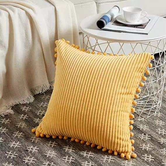1pc Boho Decorative Pillow Covers with Pom-poms 18x18Inch Pillow Covers Corduroy Cushion Case Cute and Soft Square Throw Pillow